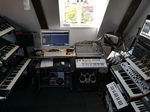 general view of synthesiser layout in studio monochrome image