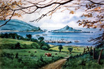 traditional watercolour painting of Guernsey looking down to harbour