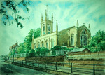 traditional watercolour painting of church exterior