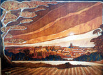 stylised art deco inspired painting view over Ditchingham in shades of brown and ochre