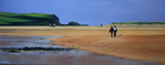 oil painting of Padstow beach dark sky with a few people in middle distance