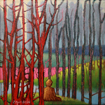dripping technique oil painting view through trees and gold leaf figure sitting by river