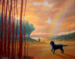 dripping technique oil painting of dog with rainbow over distant beach