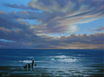 realistic oil painting of beach with groynes and large expanse of sea with tide out